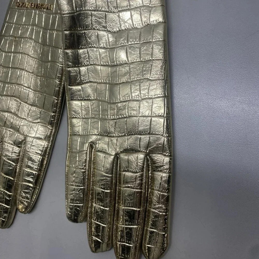 Michael Kors Women's Metallic Crocodile Embossed Leather Gloves – Size M – Gold